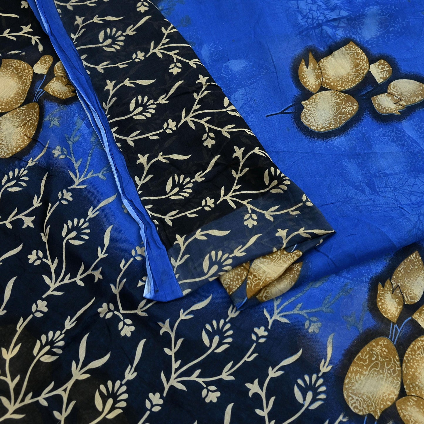 Indian Vintage Blue & Black Saree Printed Pure Cotton Sari Craft Fabric 5Yd Soft Sewing Sarong Wrap Boho Floral Dress Making Quilting