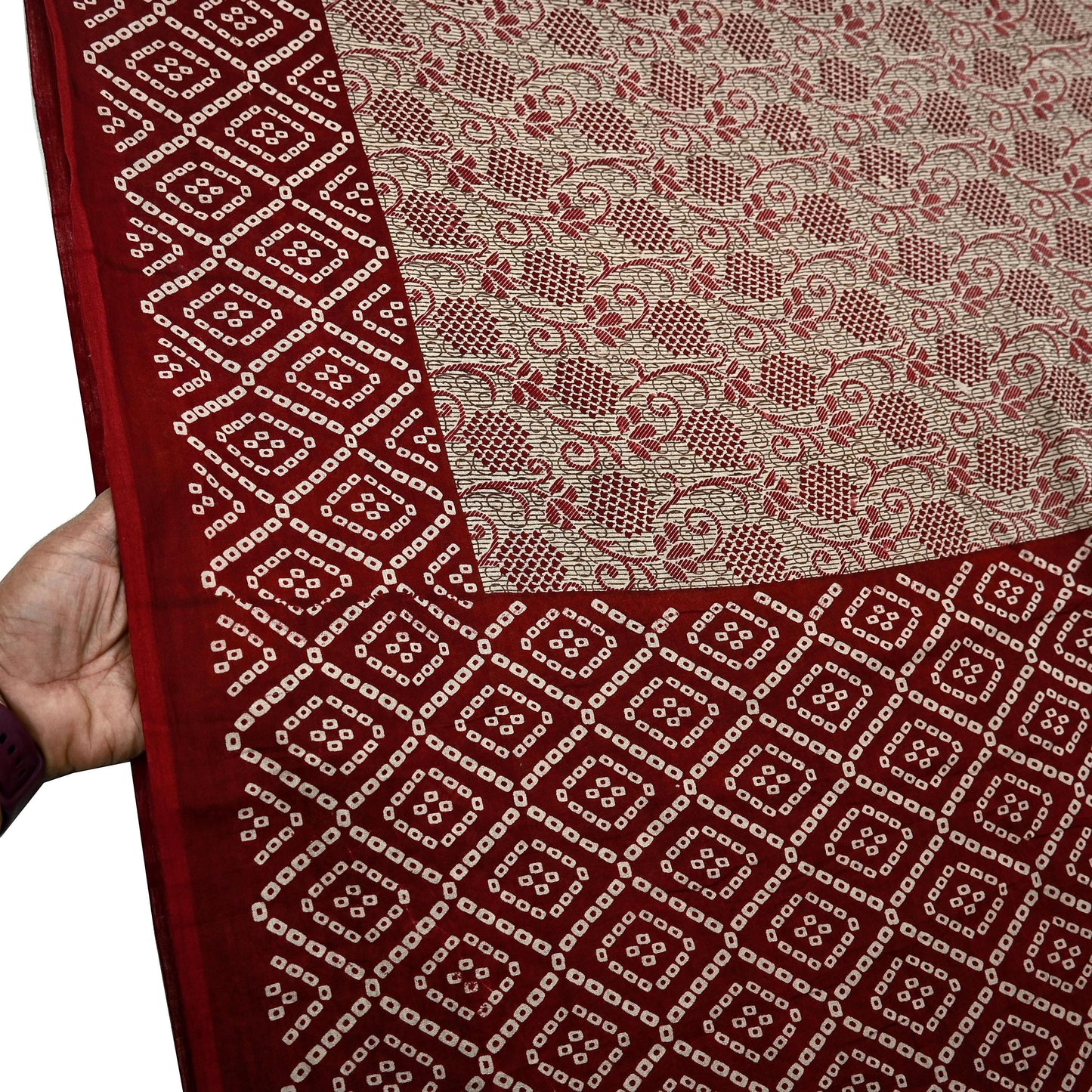 Indian Vintage Sari Maroon & Beige Pure Cotton Bandhani Printed Sarees 5yd Sewing Craft Fabric Dress Making Soft Sarong Quilting Crafting