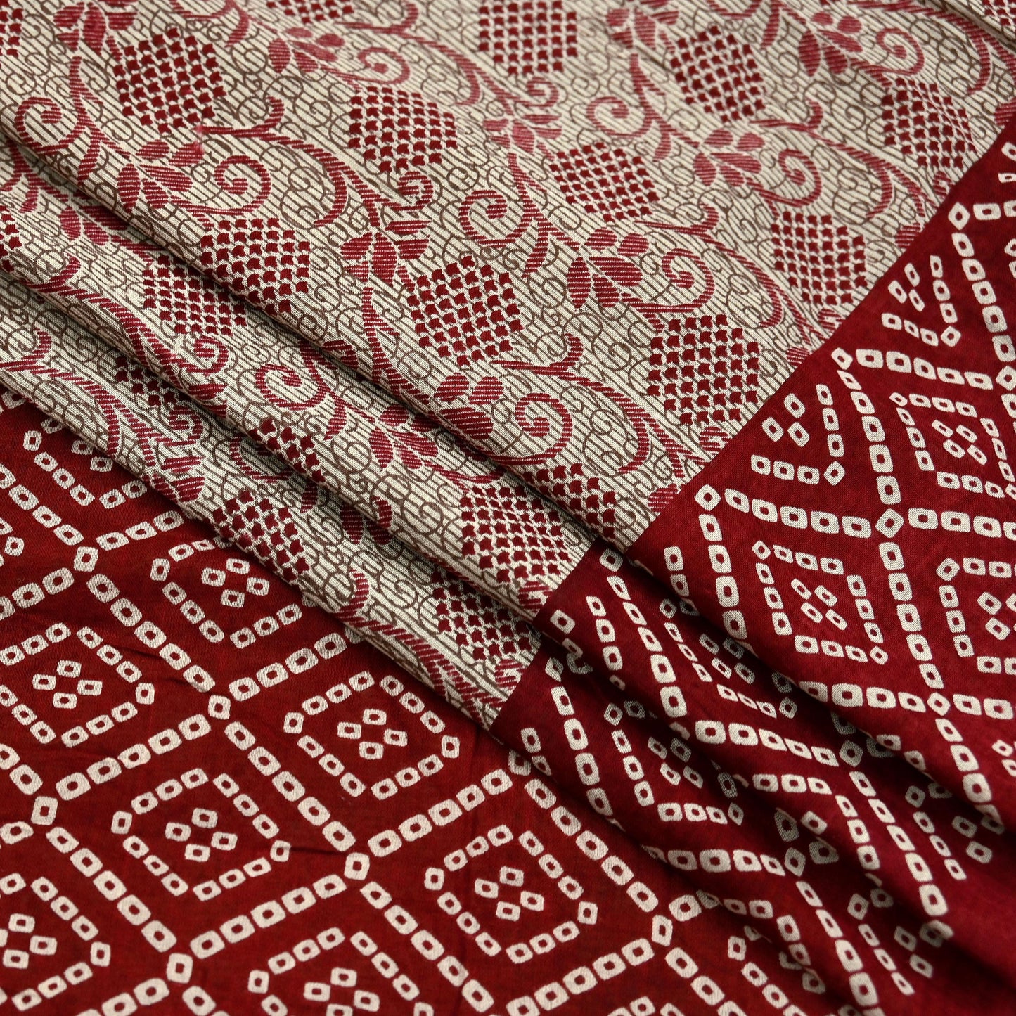Indian Vintage Sari Maroon & Beige Pure Cotton Bandhani Printed Sarees 5yd Sewing Craft Fabric Dress Making Soft Sarong Quilting Crafting