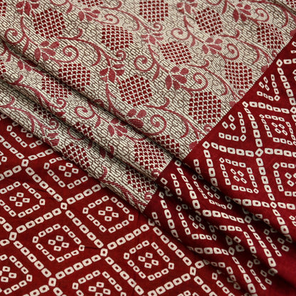 Indian Vintage Sari Maroon & Beige Pure Cotton Bandhani Printed Sarees 5yd Sewing Craft Fabric Dress Making Soft Sarong Quilting Crafting