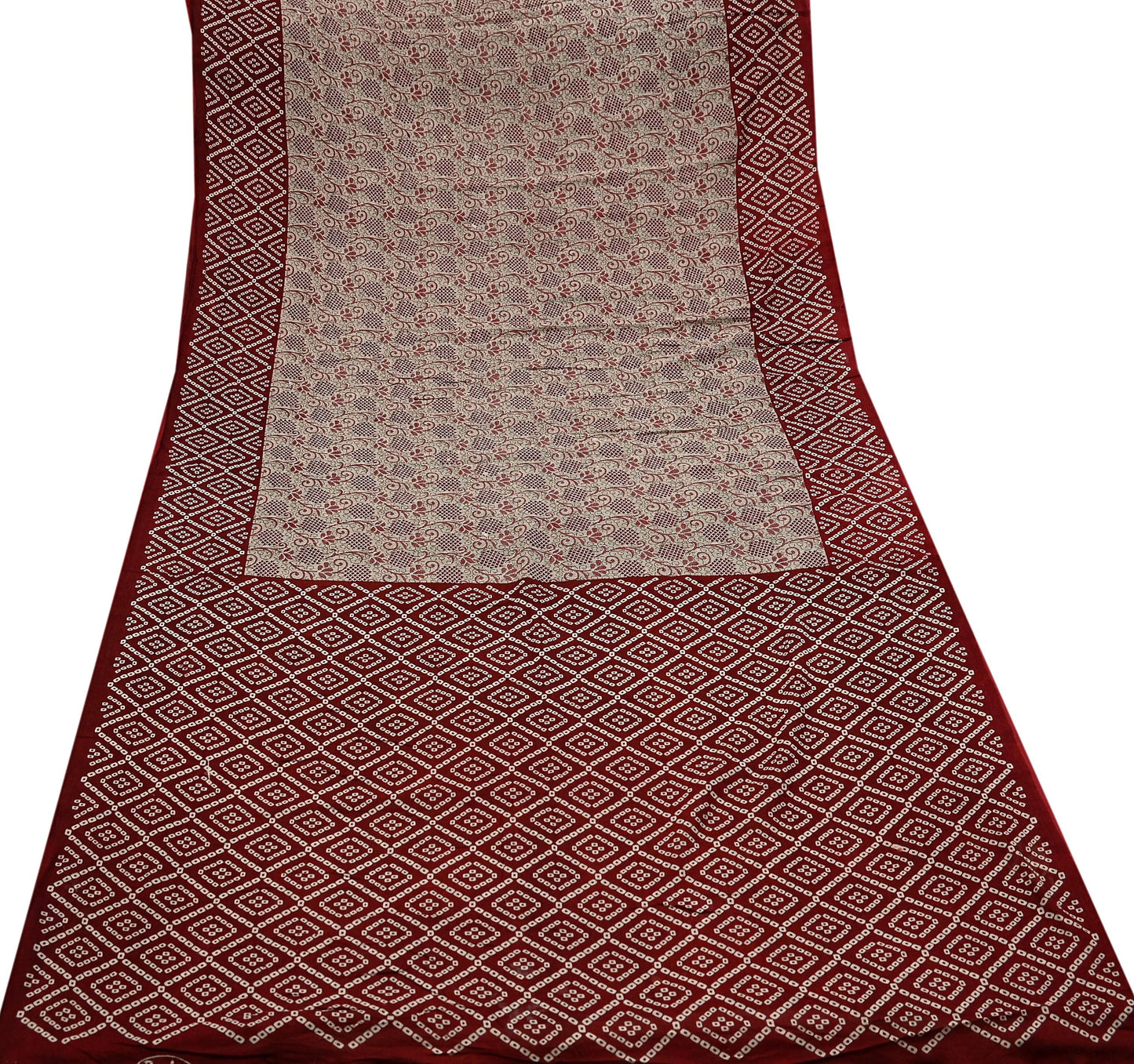 Indian Vintage Sari Maroon & Beige Pure Cotton Bandhani Printed Sarees 5yd Sewing Craft Fabric Dress Making Soft Sarong Quilting Crafting