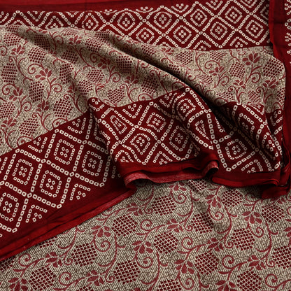 Indian Vintage Sari Maroon & Beige Pure Cotton Bandhani Printed Sarees 5yd Sewing Craft Fabric Dress Making Soft Sarong Quilting Crafting