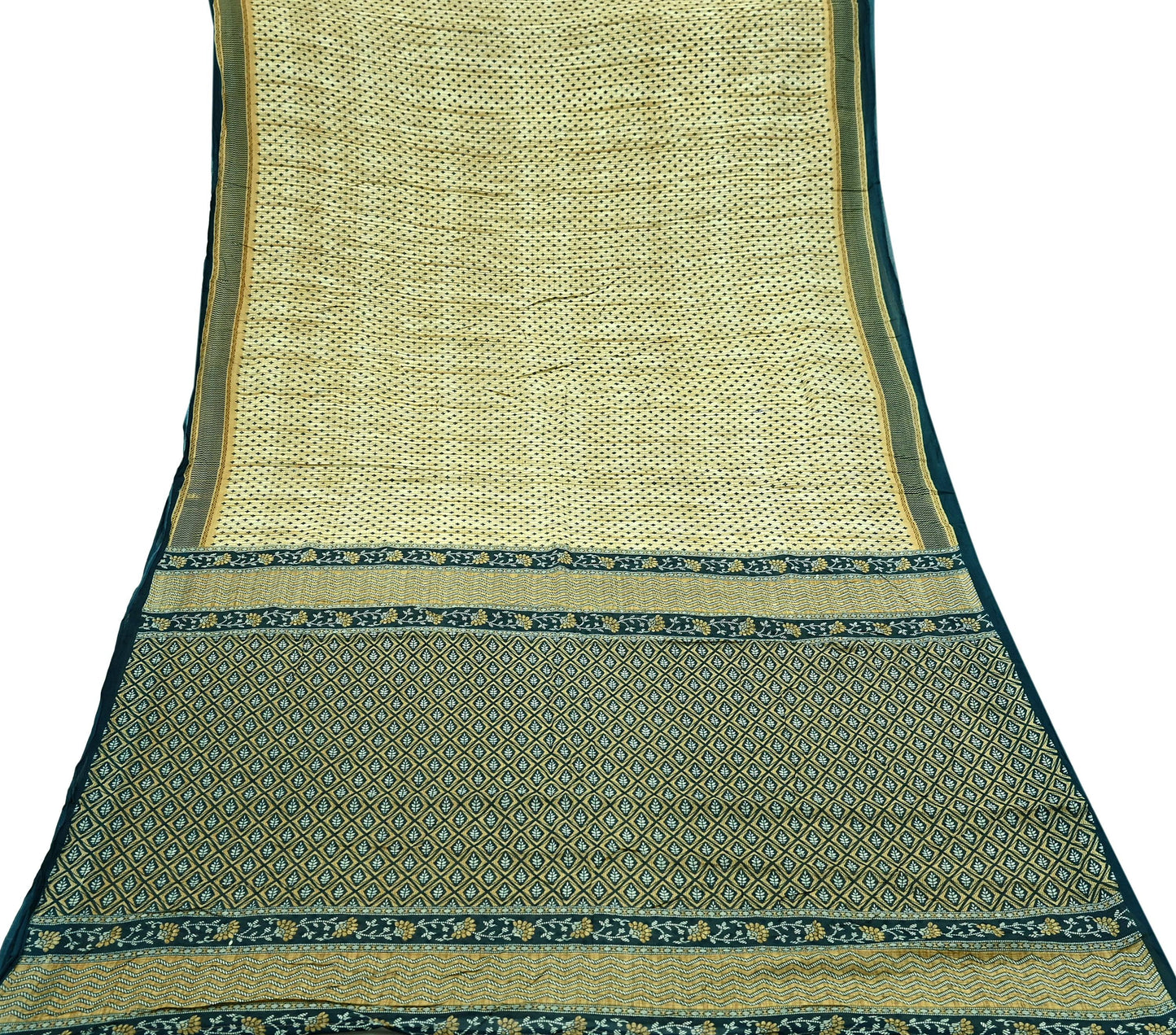 Indian Vintage Sari Beige & Green Pure Cotton Printed Sarees Craft Fabric Soft 5Yd Sarong Wrap Boho Fabric Kimono Quilting Crafting Upcycle