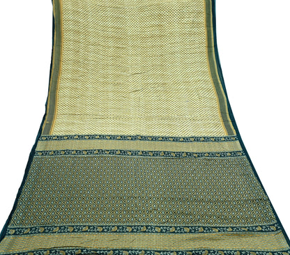 Indian Vintage Sari Beige & Green Pure Cotton Printed Sarees Craft Fabric Soft 5Yd Sarong Wrap Boho Fabric Kimono Quilting Crafting Upcycle