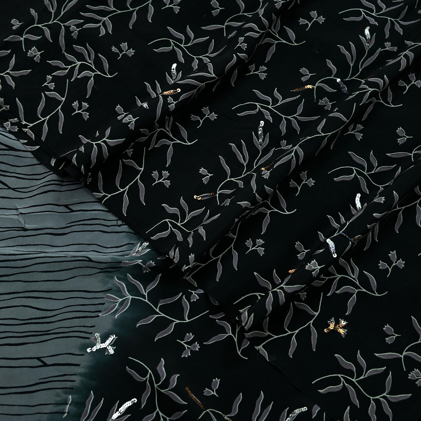 Indian Vintage Sari Black & Gray Pure Crepe Silk Hand Embroidered Saree 5yd Sewing Floral Craft Sequins Dress making Crafting Quilting