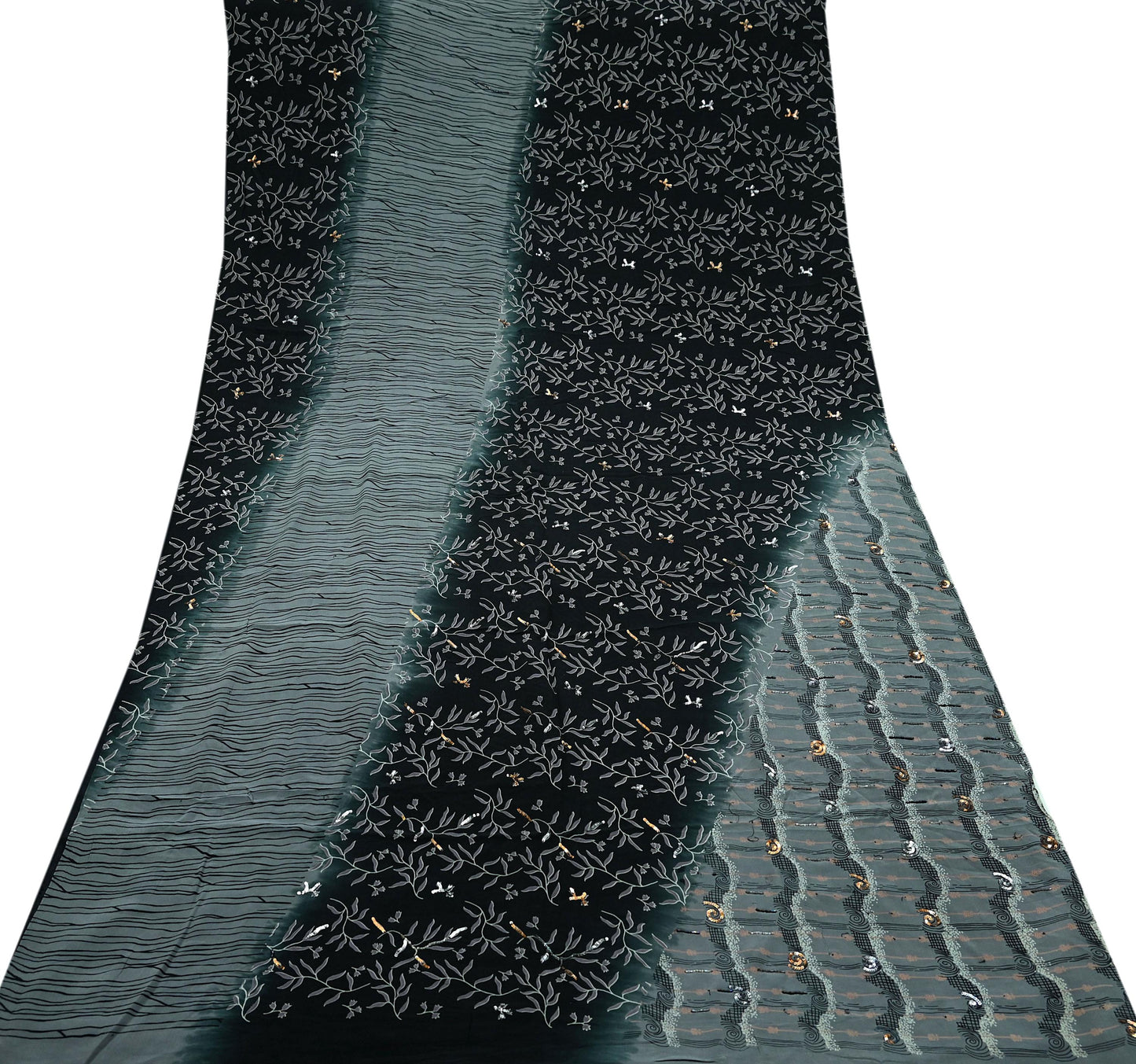 Indian Vintage Sari Black & Gray Pure Crepe Silk Hand Embroidered Saree 5yd Sewing Floral Craft Sequins Dress making Crafting Quilting