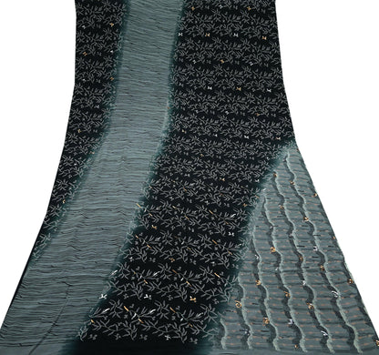 Indian Vintage Sari Black & Gray Pure Crepe Silk Hand Embroidered Saree 5yd Sewing Floral Craft Sequins Dress making Crafting Quilting