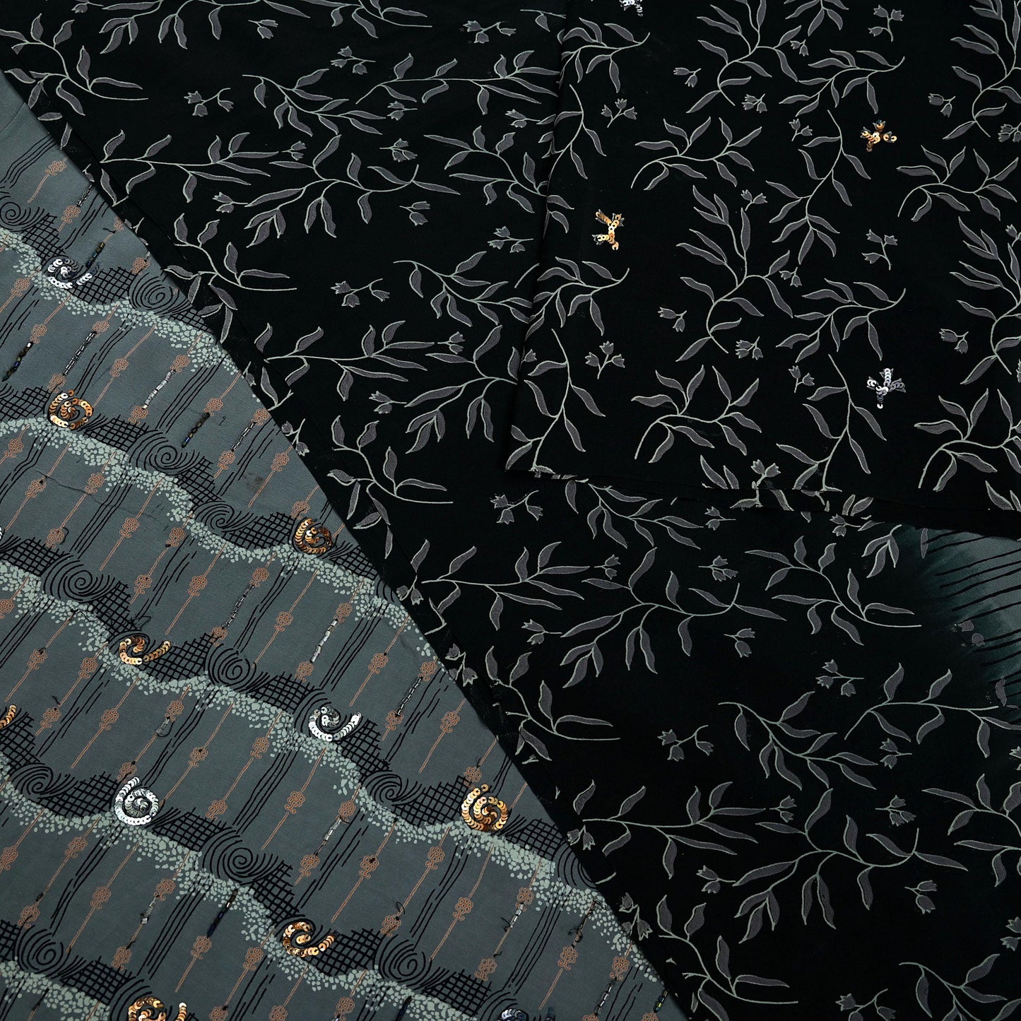 Indian Vintage Sari Black & Gray Pure Crepe Silk Hand Embroidered Saree 5yd Sewing Floral Craft Sequins Dress making Crafting Quilting