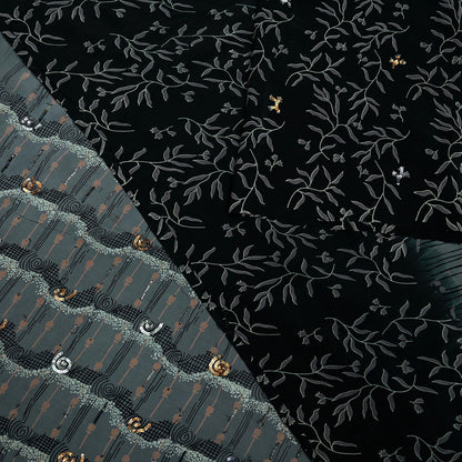 Indian Vintage Sari Black & Gray Pure Crepe Silk Hand Embroidered Saree 5yd Sewing Floral Craft Sequins Dress making Crafting Quilting