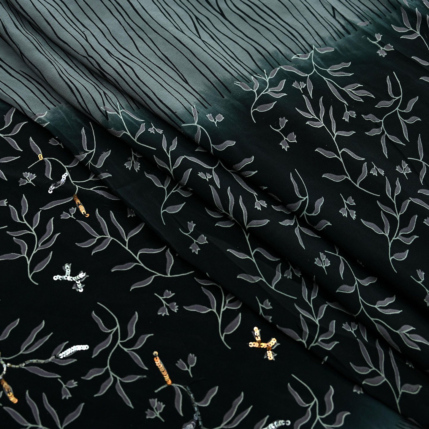 Indian Vintage Sari Black & Gray Pure Crepe Silk Hand Embroidered Saree 5yd Sewing Floral Craft Sequins Dress making Crafting Quilting