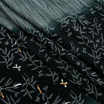 Indian Vintage Sari Black & Gray Pure Crepe Silk Hand Embroidered Saree 5yd Sewing Floral Craft Sequins Dress making Crafting Quilting