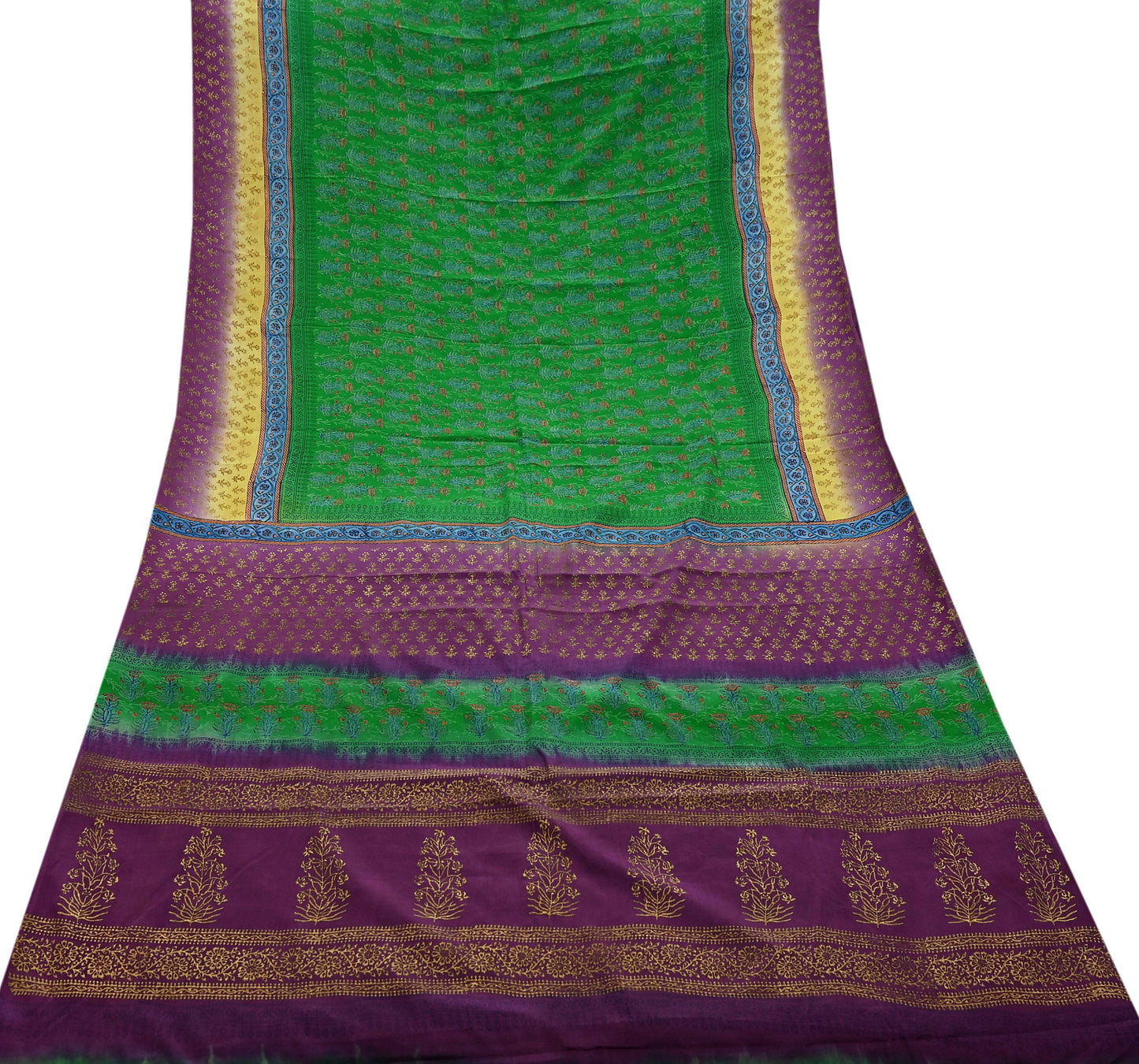 Indian Vintage Sari Green & Purple Pure Crepe Silk Hand Painted Saree 5yd Sewing Floral Craft Fabric Wrap Dress Making Quilting Crafting