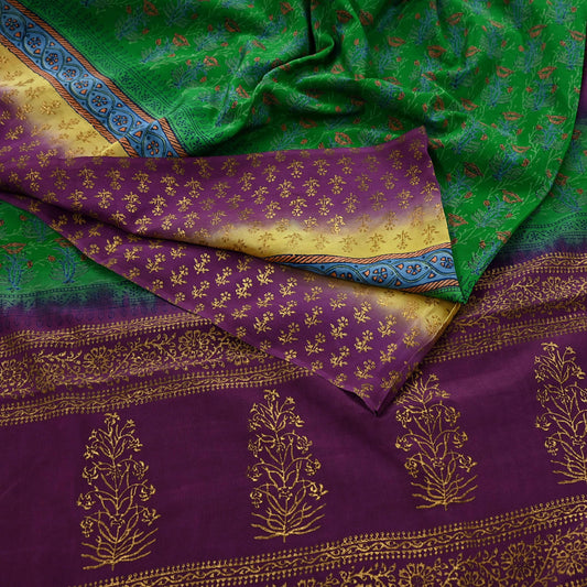 Indian Vintage Sari Green & Purple Pure Crepe Silk Hand Painted Saree 5yd Sewing Floral Craft Fabric Wrap Dress Making Quilting Crafting