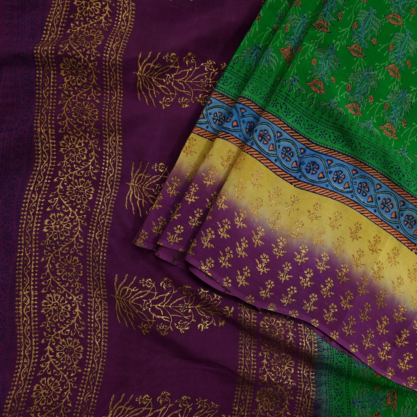 Indian Vintage Sari Green & Purple Pure Crepe Silk Hand Painted Saree 5yd Sewing Floral Craft Fabric Wrap Dress Making Quilting Crafting