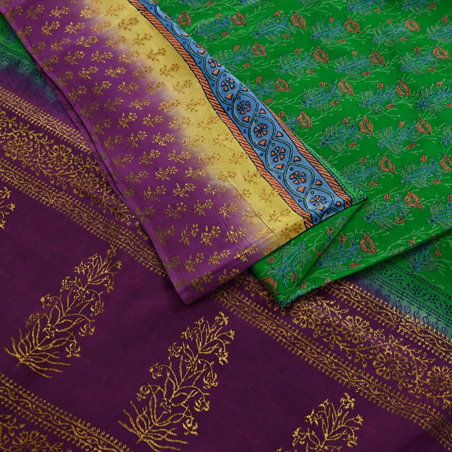 Indian Vintage Sari Green & Purple Pure Crepe Silk Hand Painted Saree 5yd Sewing Floral Craft Fabric Wrap Dress Making Quilting Crafting
