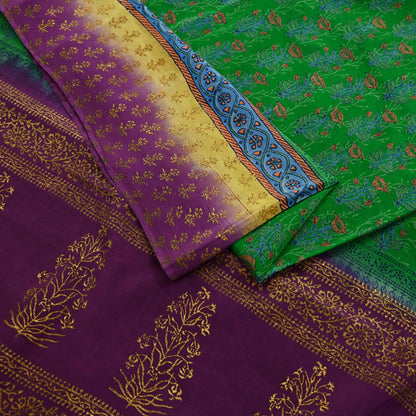 Indian Vintage Sari Green & Purple Pure Crepe Silk Hand Painted Saree 5yd Sewing Floral Craft Fabric Wrap Dress Making Quilting Crafting