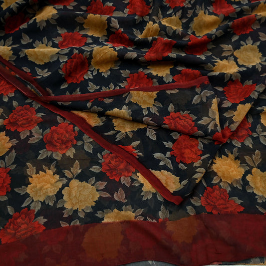 Indian Women Vintage Sari Black 100% Pure Georgette Silk Printed Sarees Sewing Craft Fabric 6yd Soft Dress Designing Dress making Quilting