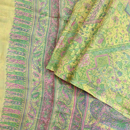 Indian Vintage Sari Yellow Pure Silk Printed Sarees 6yd Sewing Craft Fabric Dress Making Soft Quilting Crafting Upcycle Dress Designing