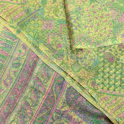 Indian Vintage Sari Yellow Pure Silk Printed Sarees 6yd Sewing Craft Fabric Dress Making Soft Quilting Crafting Upcycle Dress Designing