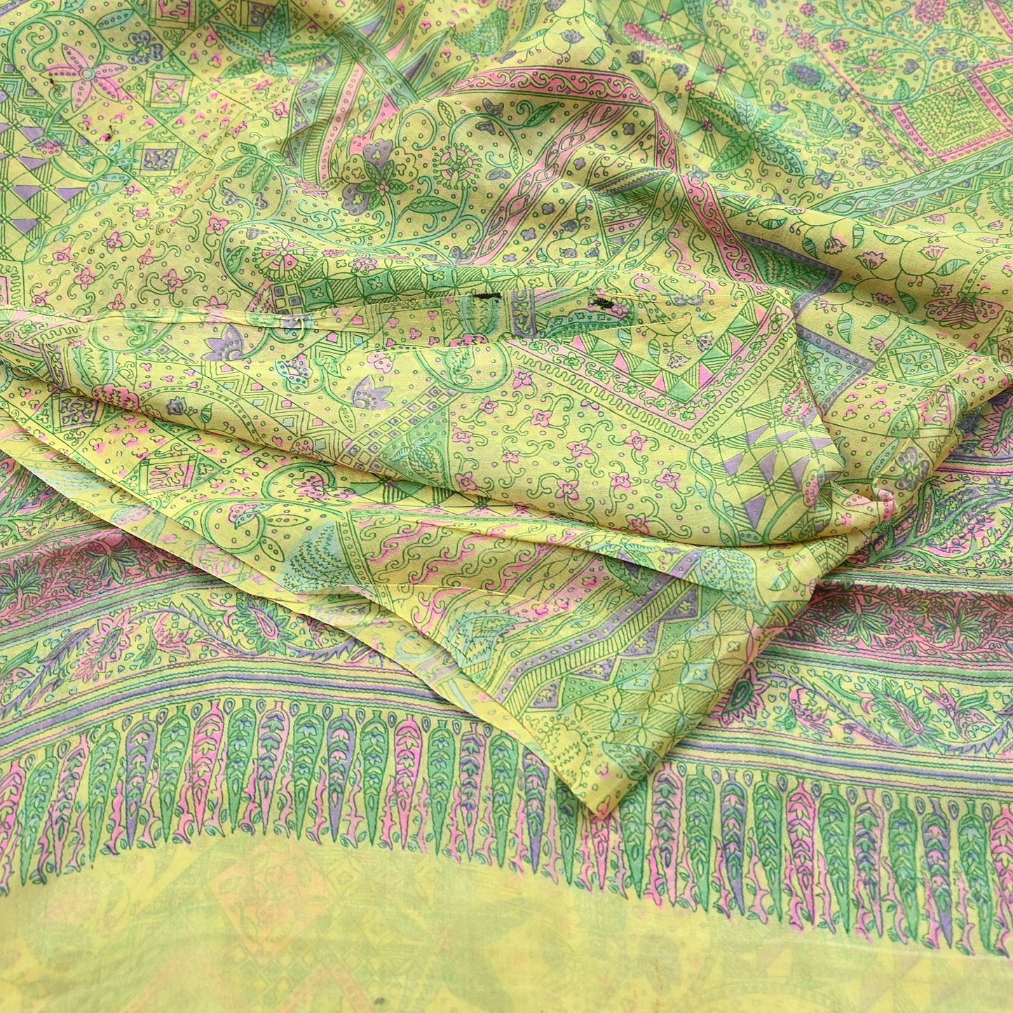 Indian Vintage Sari Yellow Pure Silk Printed Sarees 6yd Sewing Craft Fabric Dress Making Soft Quilting Crafting Upcycle Dress Designing