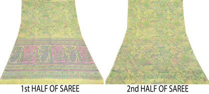 Indian Vintage Sari Yellow Pure Silk Printed Sarees 6yd Sewing Craft Fabric Dress Making Soft Quilting Crafting Upcycle Dress Designing