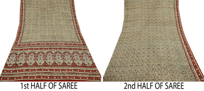 Indian Vintage Sari Beige 100% Pure Silk Block Printed Saree Craft Fabric 5yd Sewing DressMaking Soft Floral Dress making Crafting Quilting
