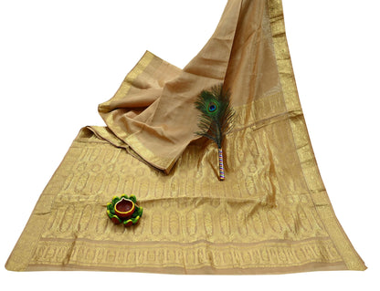 Indian Vintage Sari Beige Pure Organza Silk Hand Woven Sarees 5Yd Zari Border Ethnic Craft Fabric Bollywood Sarees Quilting Crafting Upcycle
