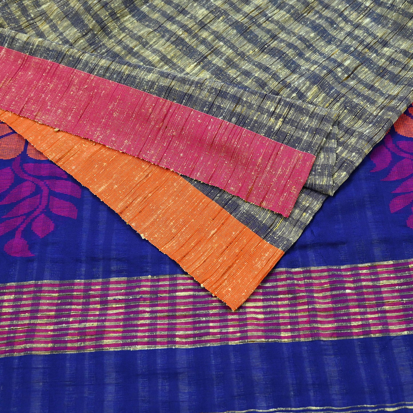 Indian Vintage Sari Beige & Blue Pure Cotton Hand Woven Sarees Craft Fabric 5yd Ethnic Crafting Quilting Dress Making Matching Blouse Fabric