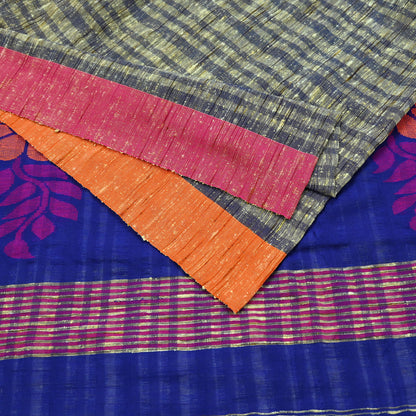 Indian Vintage Sari Beige & Blue Pure Cotton Hand Woven Sarees Craft Fabric 5yd Ethnic Crafting Quilting Dress Making Matching Blouse Fabric