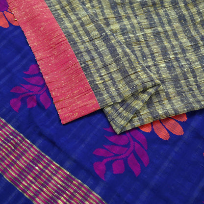 Indian Vintage Sari Beige & Blue Pure Cotton Hand Woven Sarees Craft Fabric 5yd Ethnic Crafting Quilting Dress Making Matching Blouse Fabric