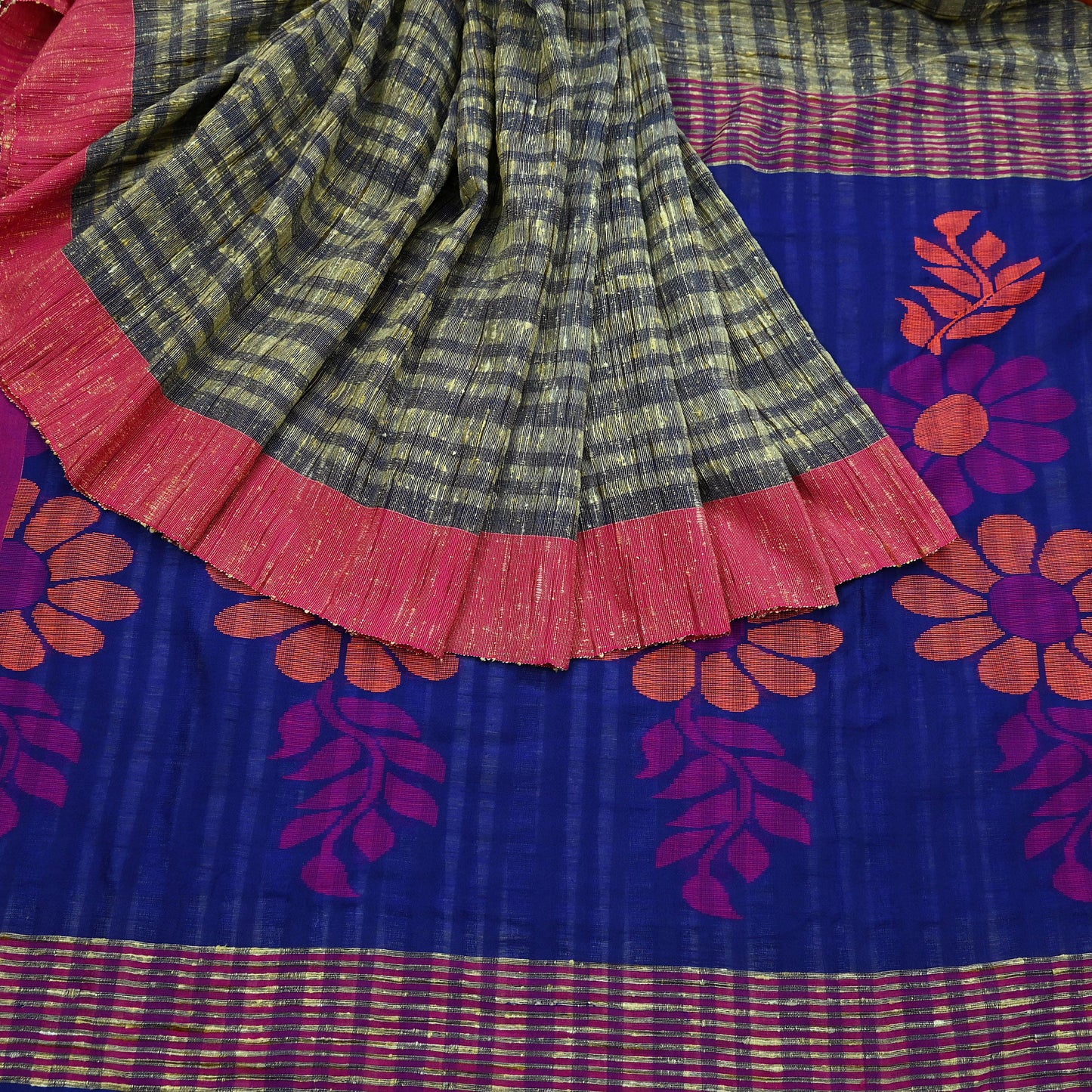 Indian Vintage Sari Beige & Blue Pure Cotton Hand Woven Sarees Craft Fabric 5yd Ethnic Crafting Quilting Dress Making Matching Blouse Fabric