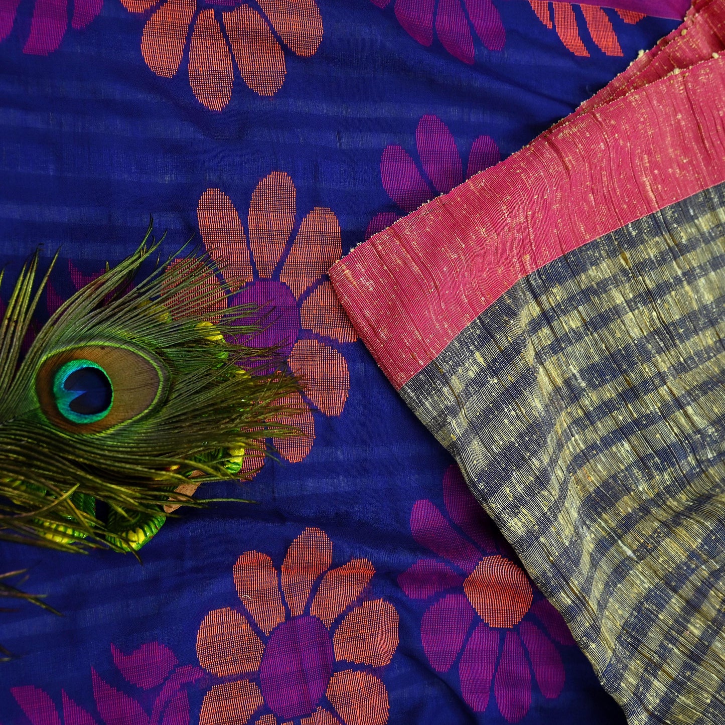 Indian Vintage Sari Beige & Blue Pure Cotton Hand Woven Sarees Craft Fabric 5yd Ethnic Crafting Quilting Dress Making Matching Blouse Fabric