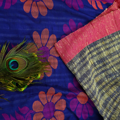 Indian Vintage Sari Beige & Blue Pure Cotton Hand Woven Sarees Craft Fabric 5yd Ethnic Crafting Quilting Dress Making Matching Blouse Fabric