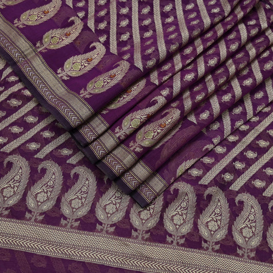 Indian Vintage Sari Purple 100% Pure Silk Hand Woven Sarees Craft Fabric 5Yd Ethnic Sewing Dress making Crafting Quilting Upcycle