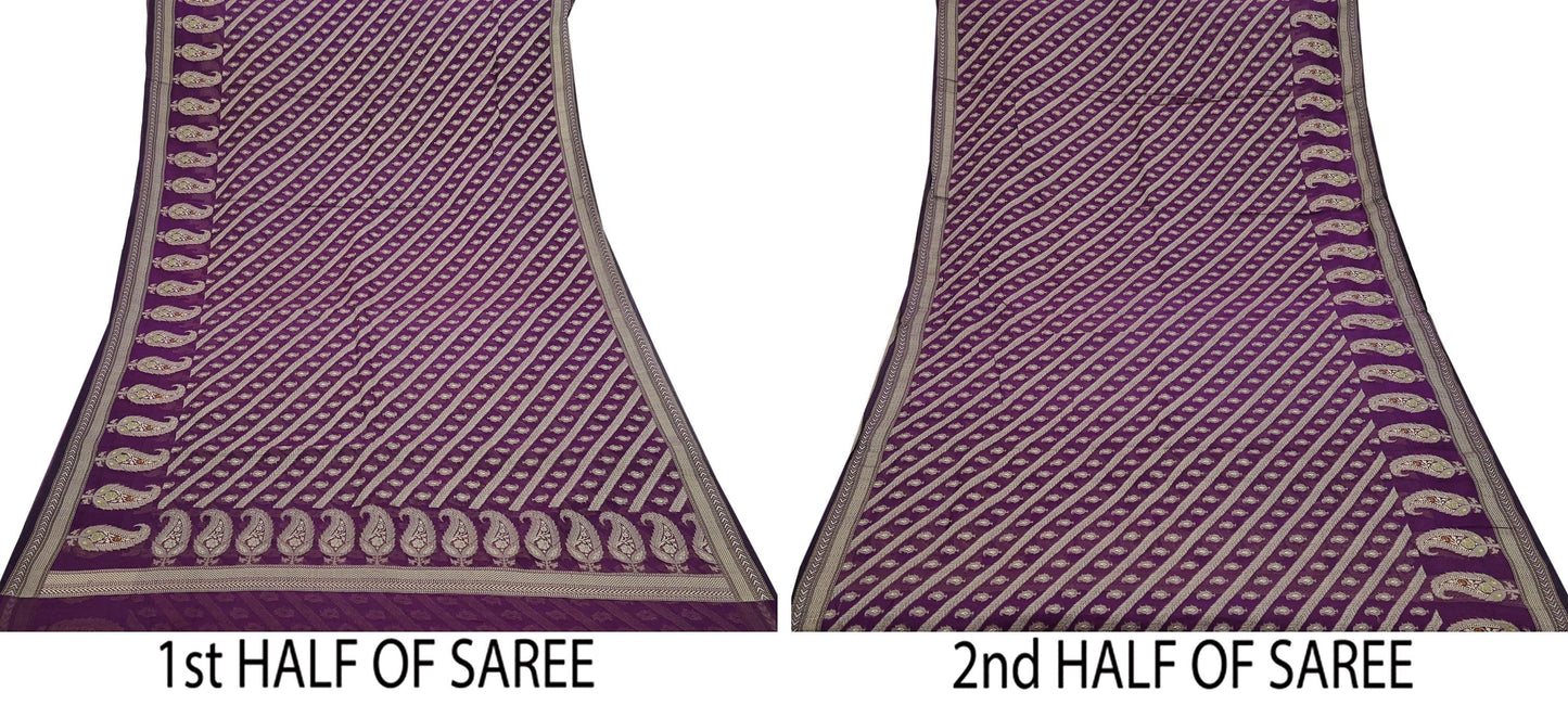Indian Vintage Sari Purple 100% Pure Silk Hand Woven Sarees Craft Fabric 5Yd Ethnic Sewing Dress making Crafting Quilting Upcycle
