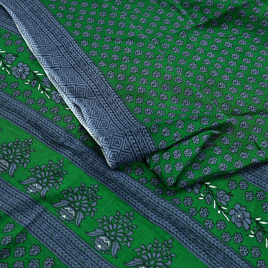 Indian Vintage Green & Gray Saree Printed Pure Cotton Sari Craft Fabric 5Yd Sewing Soft Sarong Wrap Boho Floral Quilting Crafting