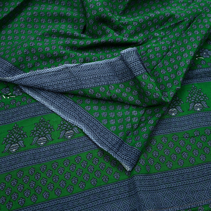 Indian Vintage Green & Gray Saree Printed Pure Cotton Sari Craft Fabric 5Yd Sewing Soft Sarong Wrap Boho Floral Quilting Crafting