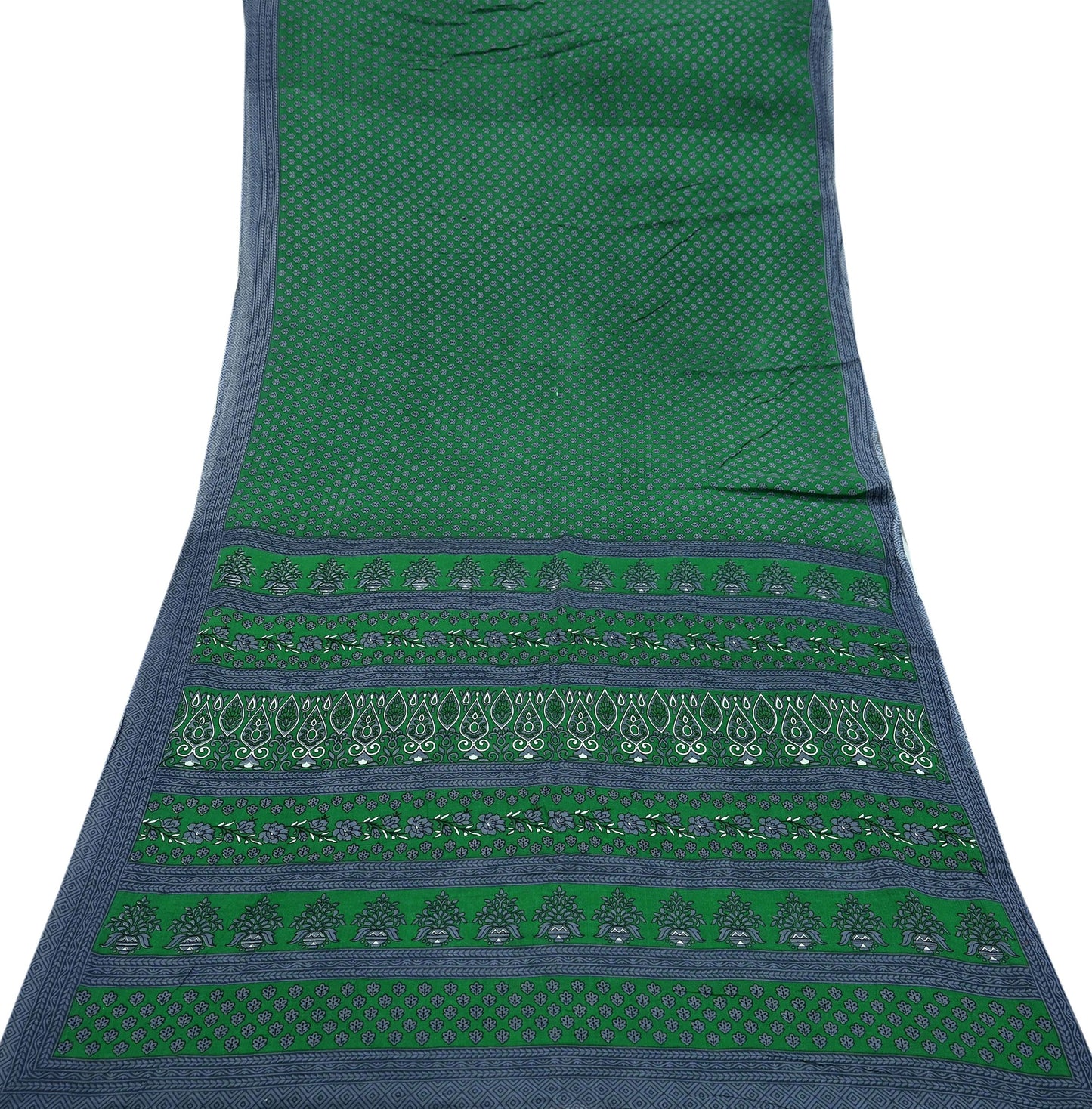 Indian Vintage Green & Gray Saree Printed Pure Cotton Sari Craft Fabric 5Yd Sewing Soft Sarong Wrap Boho Floral Quilting Crafting