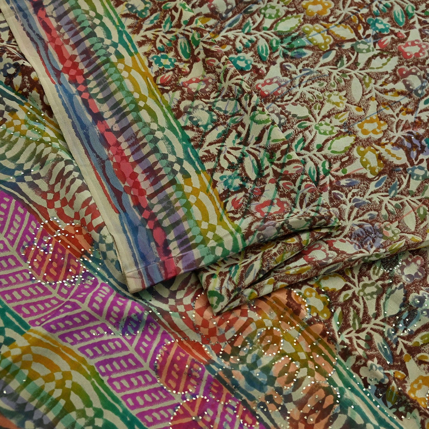 Indian Vintage Sari Multi Pure Crepe Silk Block Printed Mukesh Saree 5yd Sewing Floral Soft Craft Fabric Wrap Dress making Crafting Quilting