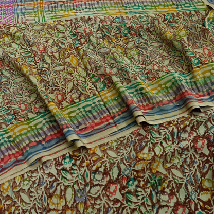 Indian Vintage Sari Multi Pure Crepe Silk Block Printed Mukesh Saree 5yd Sewing Floral Soft Craft Fabric Wrap Dress making Crafting Quilting