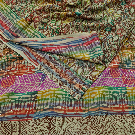 Indian Vintage Sari Multi Pure Crepe Silk Block Printed Mukesh Saree 5yd Sewing Floral Soft Craft Fabric Wrap Dress making Crafting Quilting