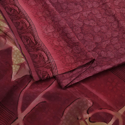 Indian Vintage Maroon & Brown Sarees Pure Crepe Silk Printed Sari 5yd Sewing Floral Soft Craft Fabric Ethnic Wrap Dress making For Crafting