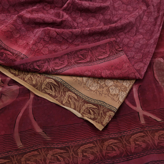 Indian Vintage Maroon & Brown Sarees Pure Crepe Silk Printed Sari 5yd Sewing Floral Soft Craft Fabric Ethnic Wrap Dress making For Crafting