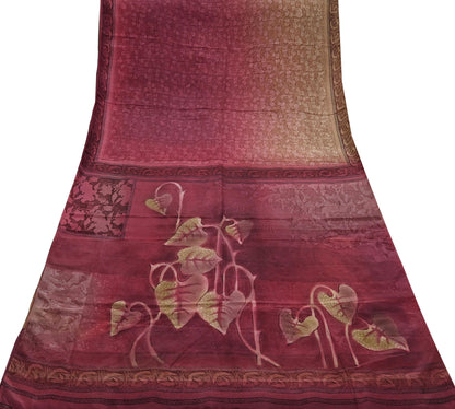 Indian Vintage Maroon & Brown Sarees Pure Crepe Silk Printed Sari 5yd Sewing Floral Soft Craft Fabric Ethnic Wrap Dress making For Crafting