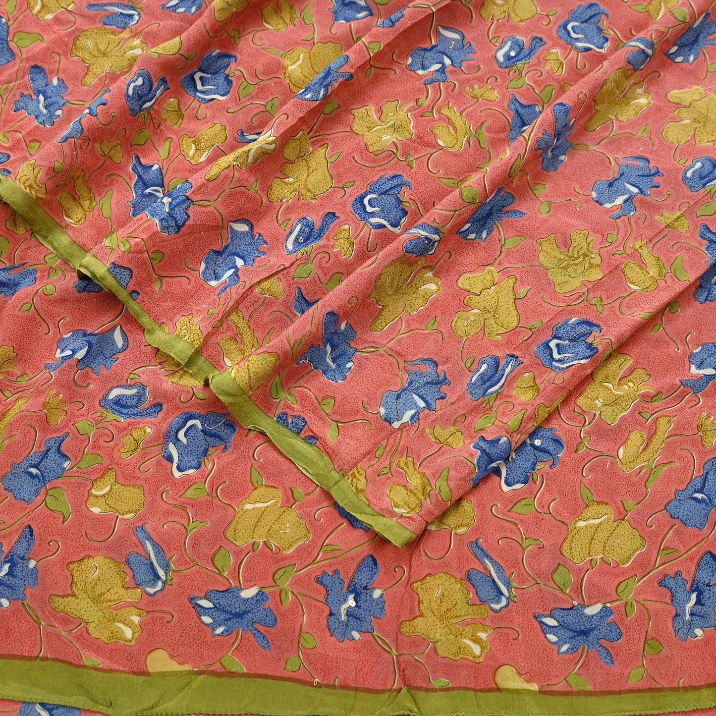 Indian Vintage Sari Peach Pure Crepe Silk Printed Sarees 5yd Craft Fabric Sewing Soft Wrap Floral Upcycle Quilting Dress Making Crafting