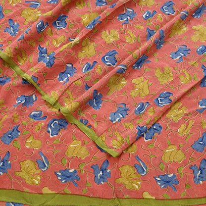 Indian Vintage Sari Peach Pure Crepe Silk Printed Sarees 5yd Craft Fabric Sewing Soft Wrap Floral Upcycle Quilting Dress Making Crafting