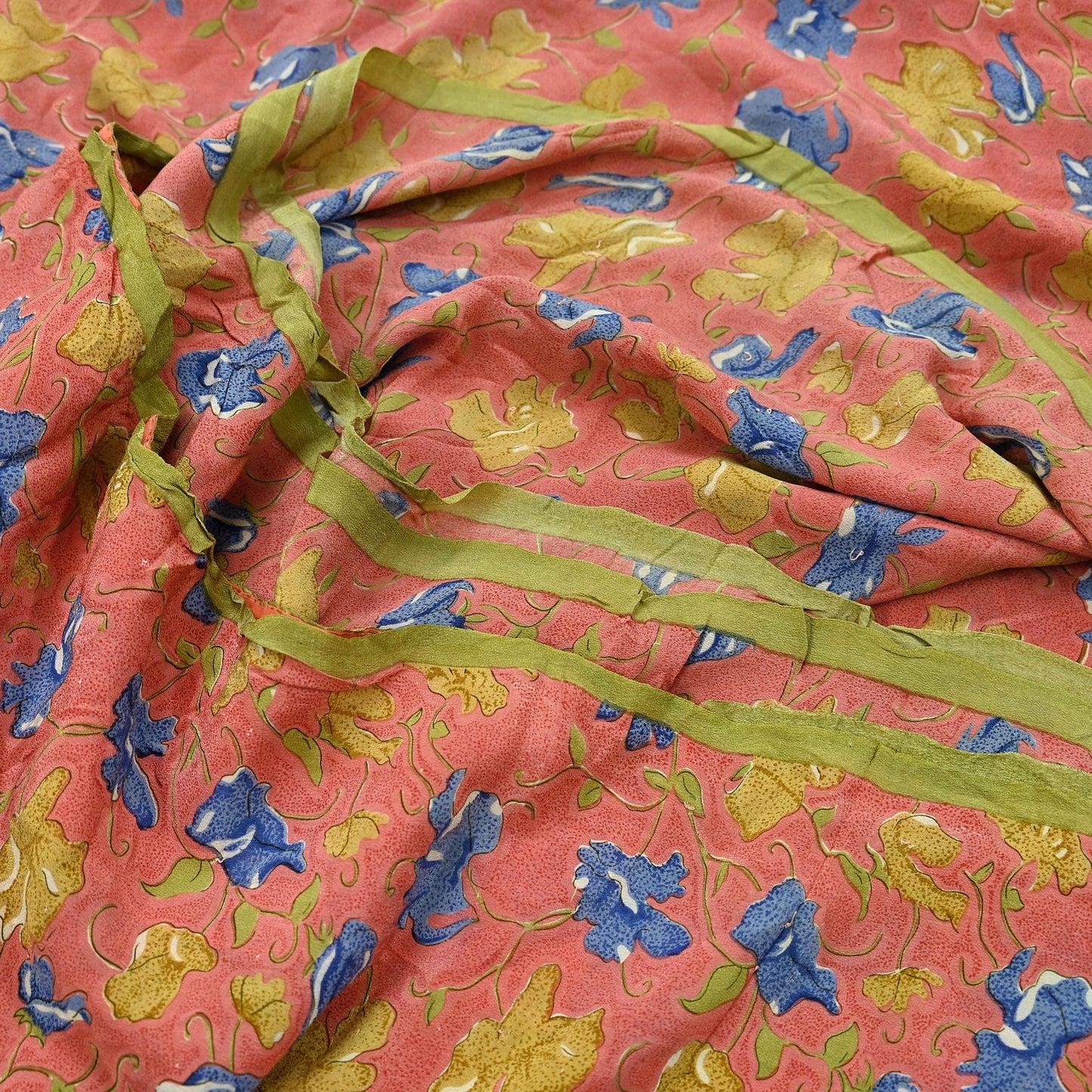 Indian Vintage Sari Peach Pure Crepe Silk Printed Sarees 5yd Craft Fabric Sewing Soft Wrap Floral Upcycle Quilting Dress Making Crafting