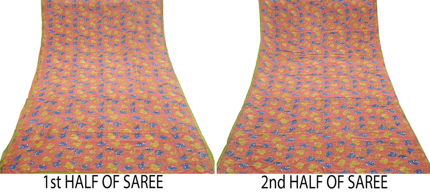 Indian Vintage Sari Peach Pure Crepe Silk Printed Sarees 5yd Craft Fabric Sewing Soft Wrap Floral Upcycle Quilting Dress Making Crafting