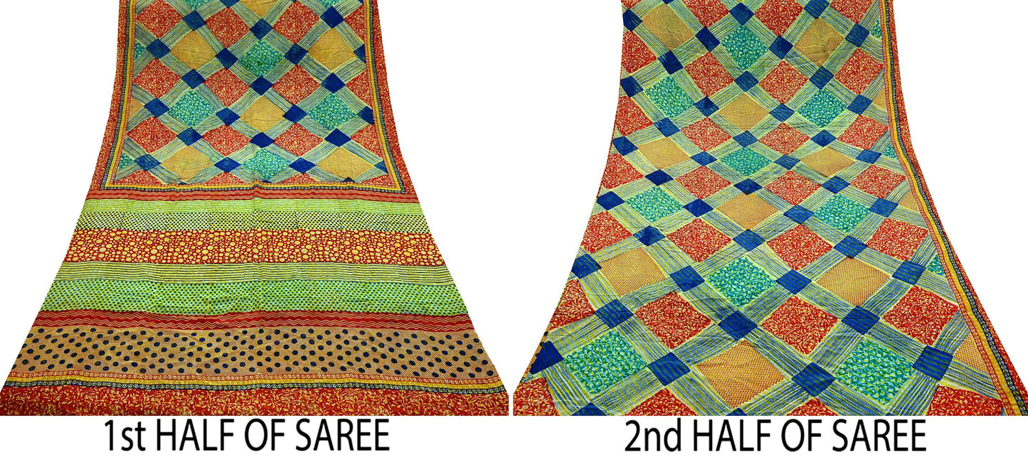 Indian Vintage Sari Multi Pure Crepe Silk Block Printed Saree 5yd Sewing Floral Soft Craft Fabric Wrap Dress making Upcycle For Crafting