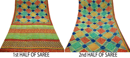 Indian Vintage Sari Multi Pure Crepe Silk Block Printed Saree 5yd Sewing Floral Soft Craft Fabric Wrap Dress making Upcycle For Crafting
